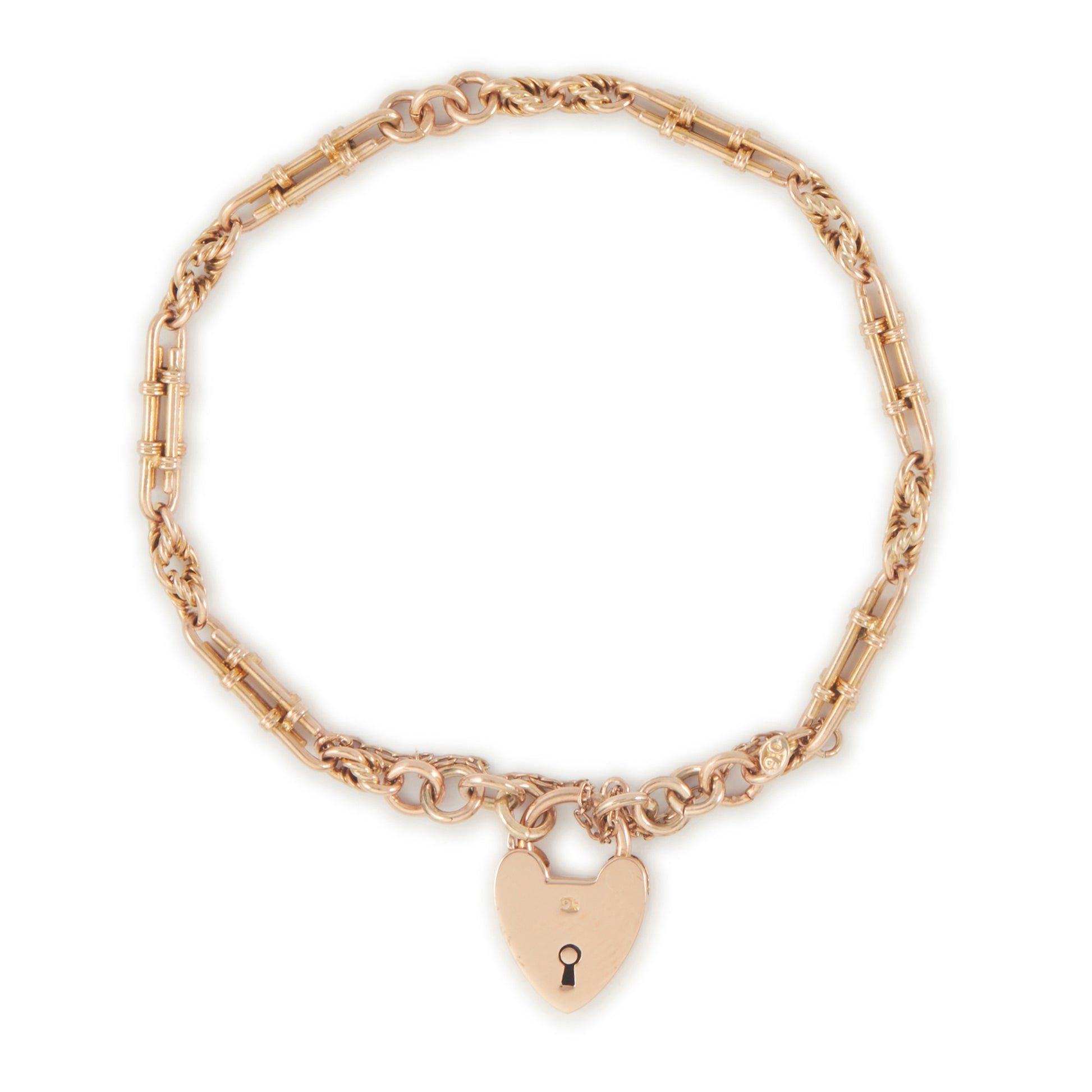 Pretty Victorian 9ct rose gold fancy link bracelet with a padlock.