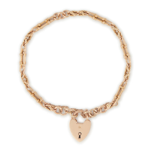 Pretty Victorian 9ct rose gold fancy link bracelet with a padlock.