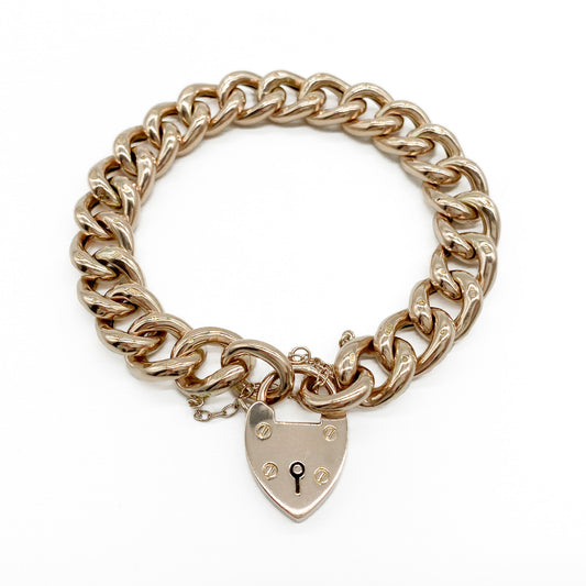 Stunning chunky Victorian 9ct rose gold hollow curb-link bracelet with a padlock and safety chain. Every link is stamped.