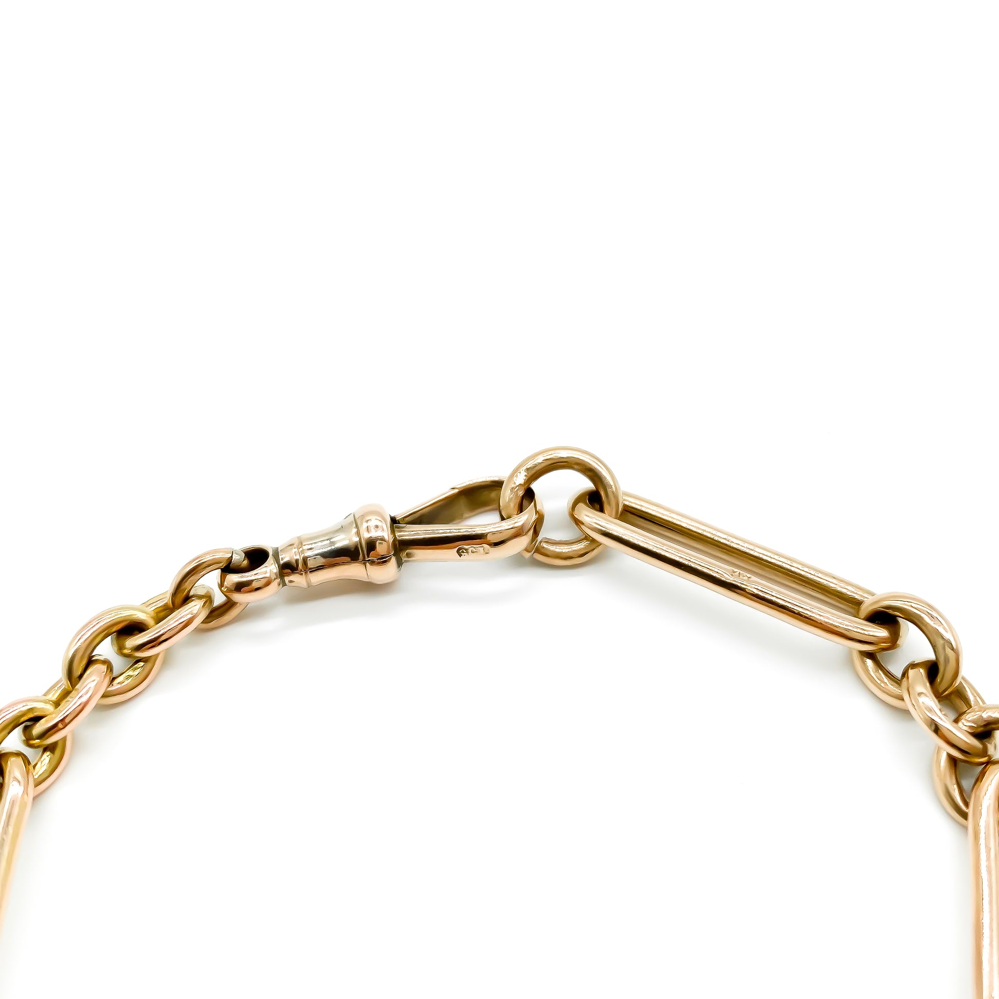 Classic Victorian 9ct rose gold long link bracelet with a dog-clip. Every link is stamped.