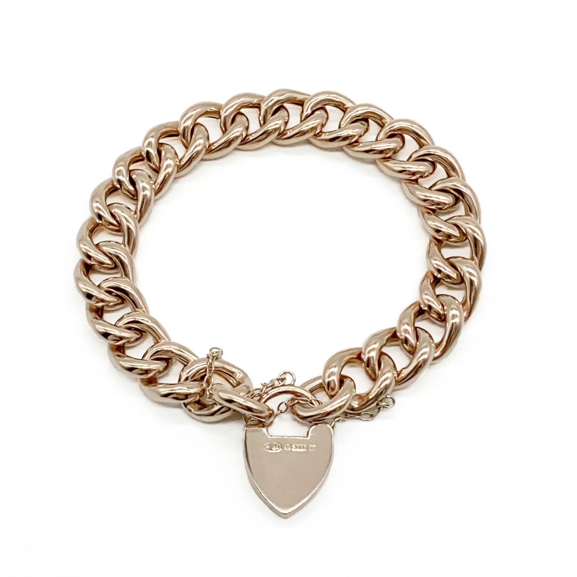 Stunning chunky Victorian 9ct rose gold hollow curb-link bracelet with a padlock and safety chain. Every link is stamped.