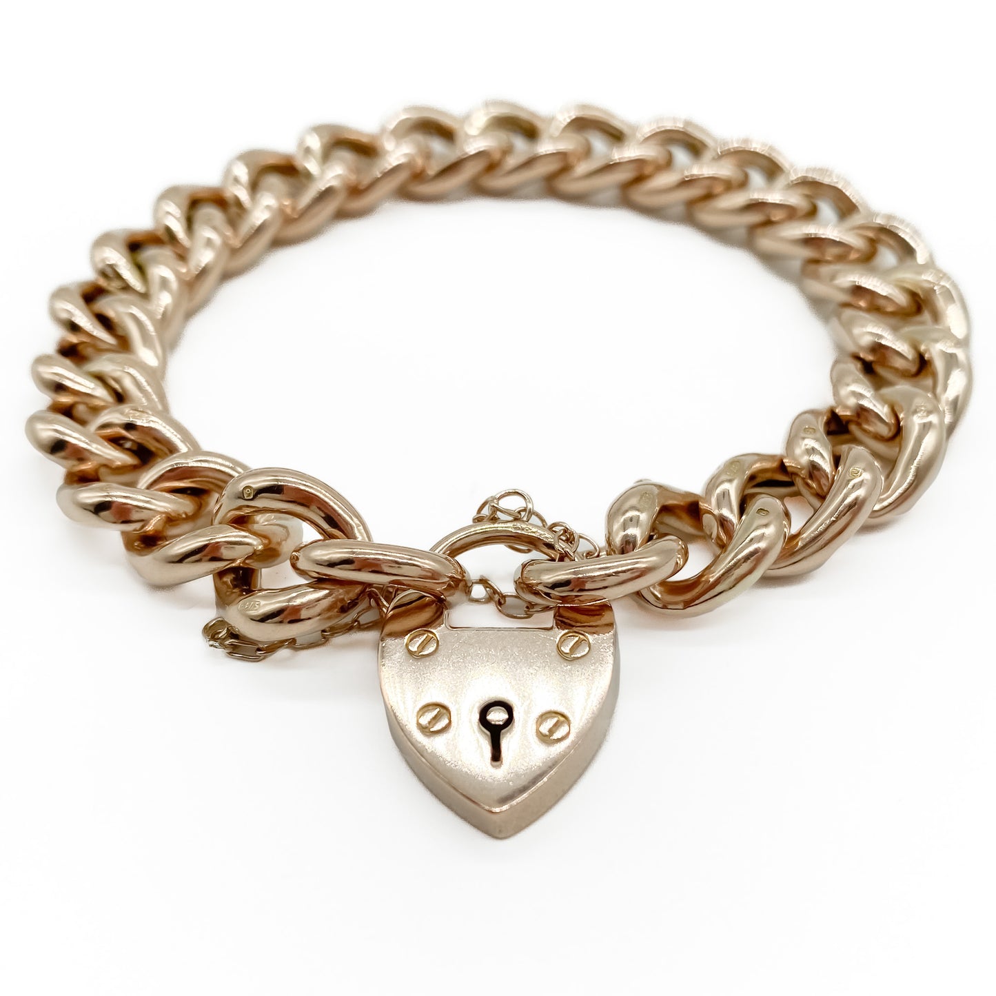 Stunning chunky Victorian 9ct rose gold hollow curb-link bracelet with a padlock and safety chain. Every link is stamped.