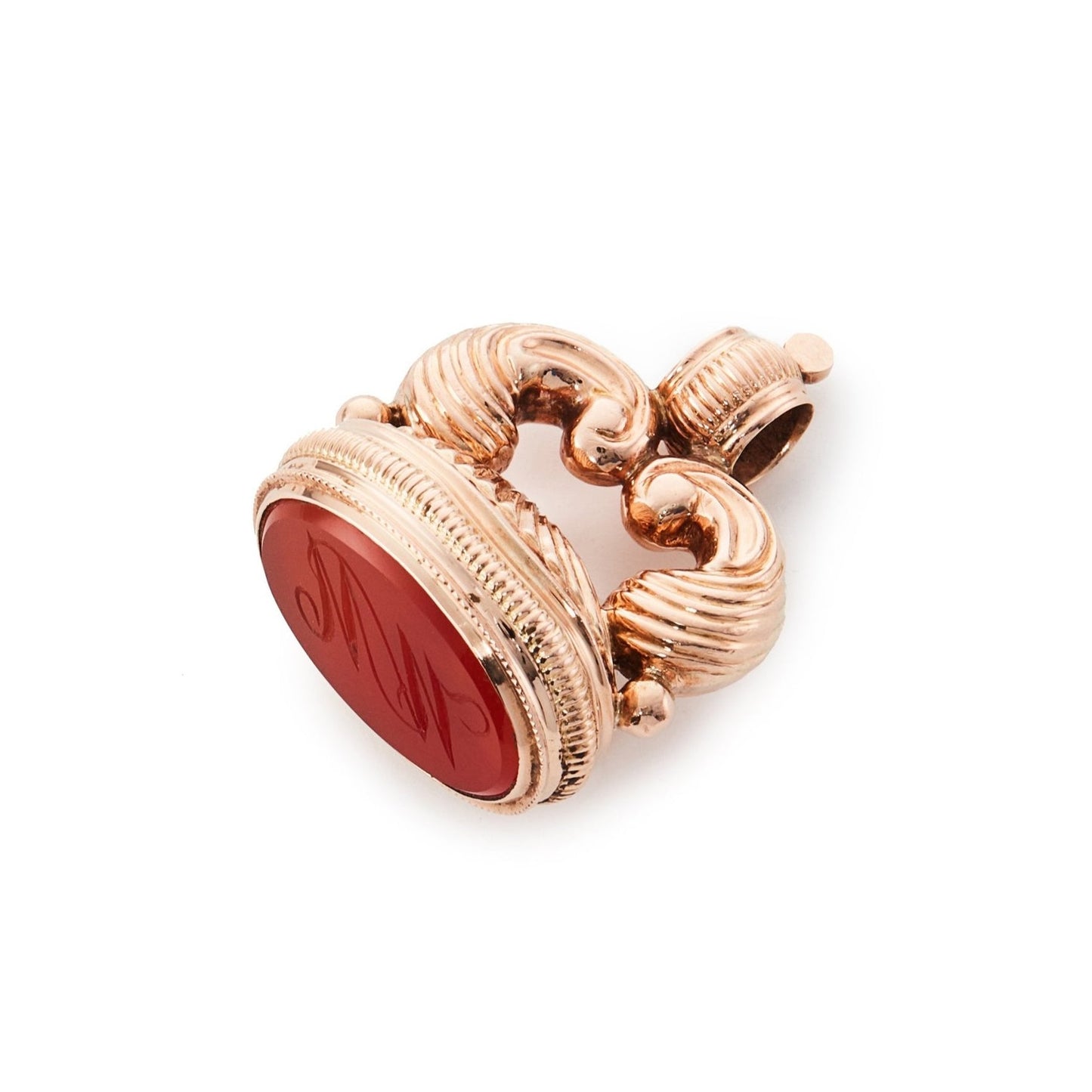 Victorian 9ct rose gold seal with intricate detail set with a carved carnelian stone.