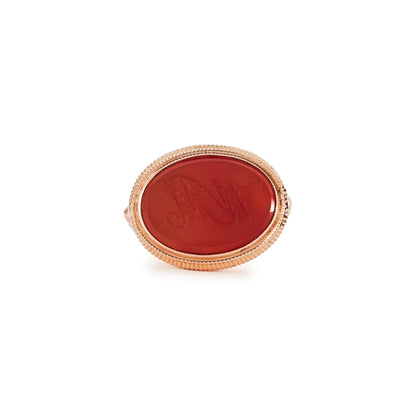 Victorian 9ct rose gold seal with intricate detail set with a carved carnelian stone.