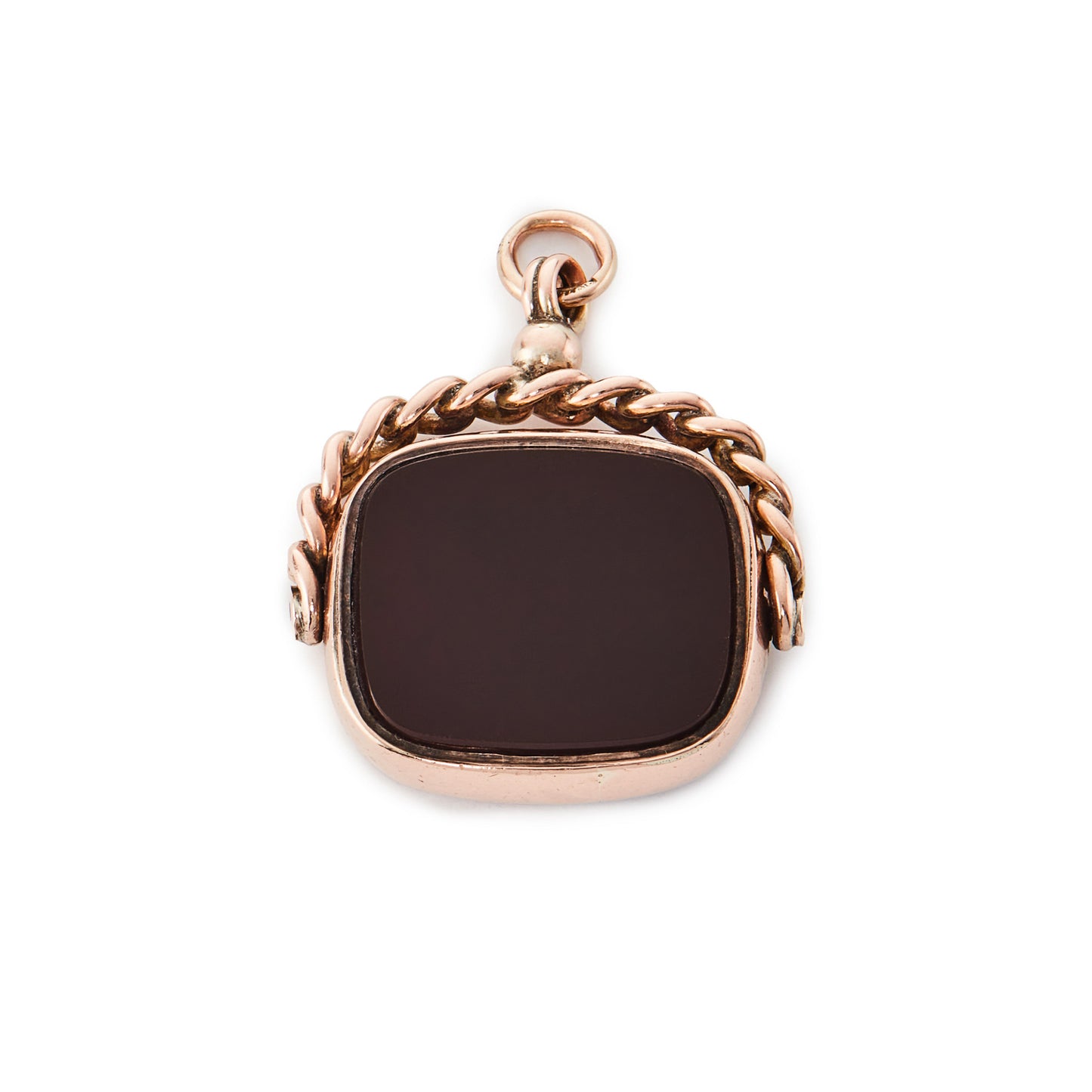 Lovely Victorian 9ct rose gold swivel fob set with a rectangular bloodstone and a carnelian.