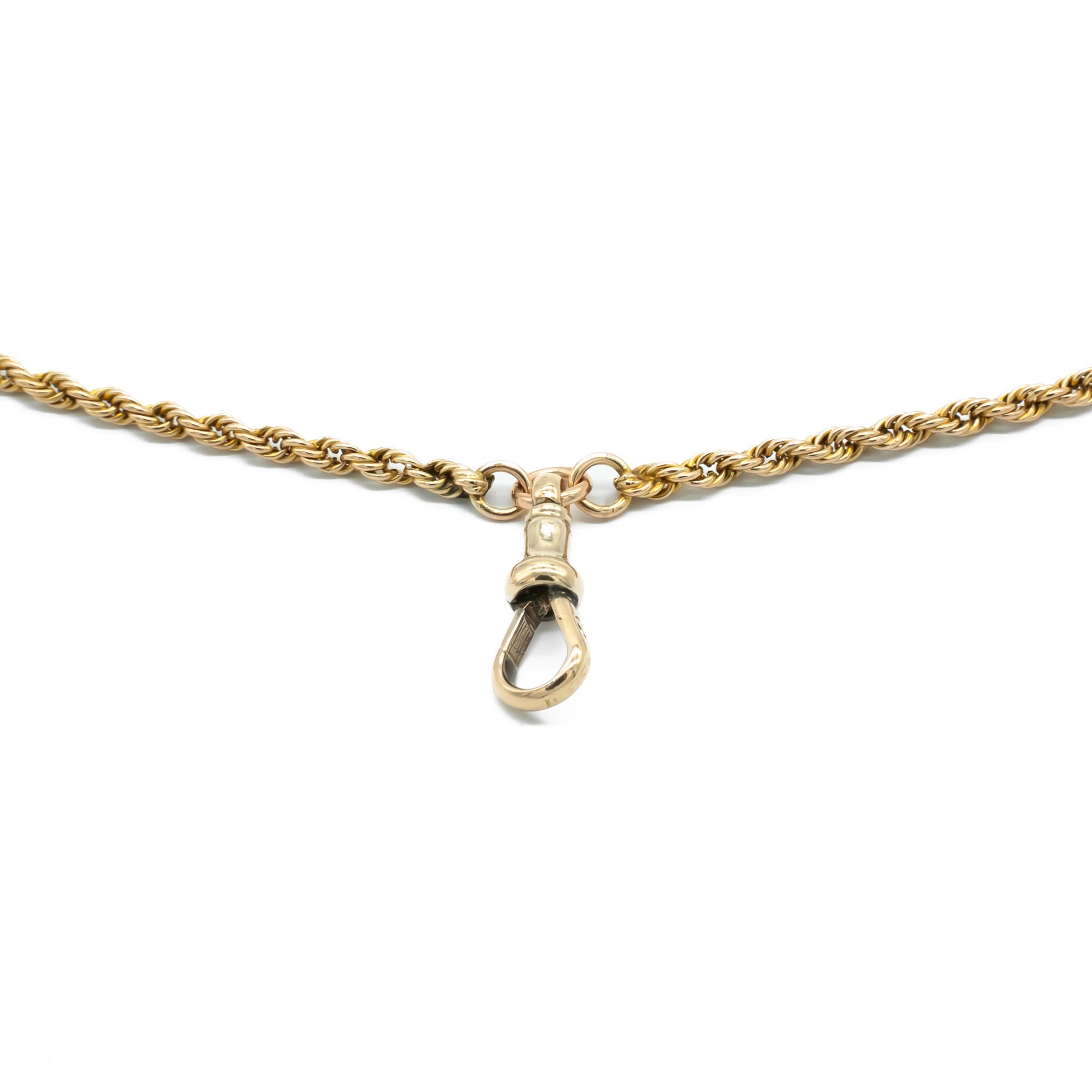 Exquisite Victorian 9ct rose gold fancy link rope chain with dog clip attachment. Can be worn as a single or double chain.
