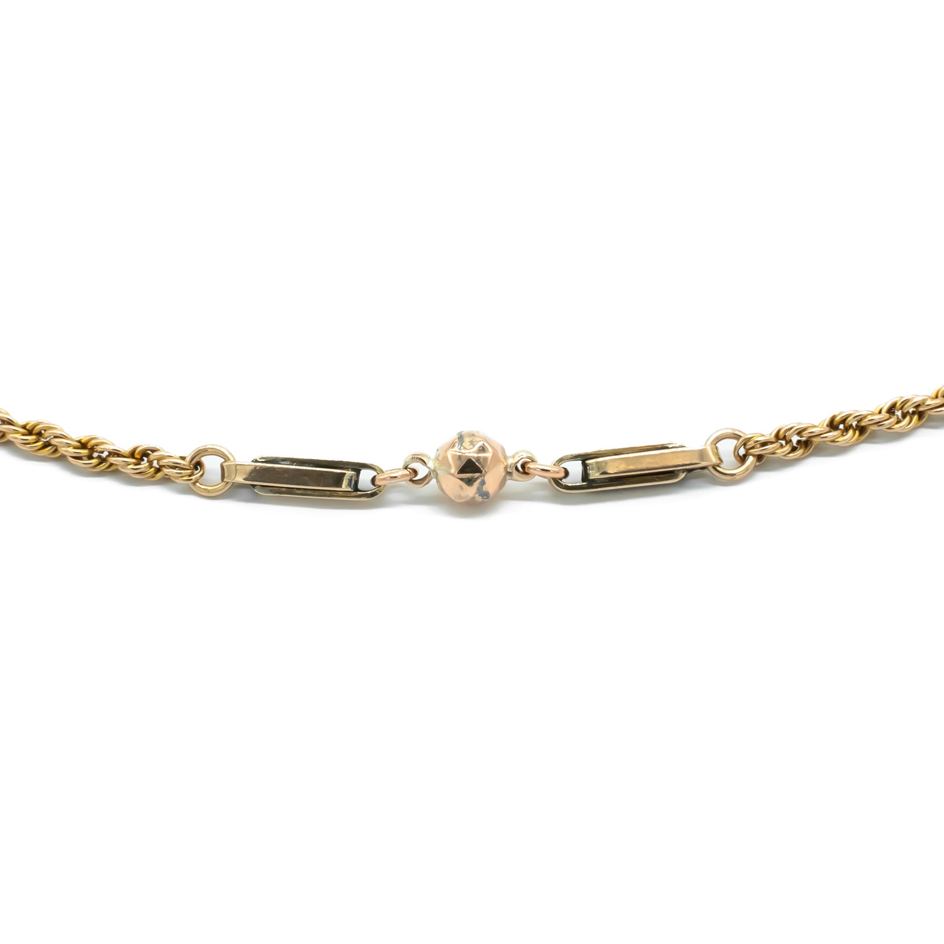 Exquisite Victorian 9ct rose gold fancy link rope chain with dog clip attachment. Can be worn as a single or double chain.