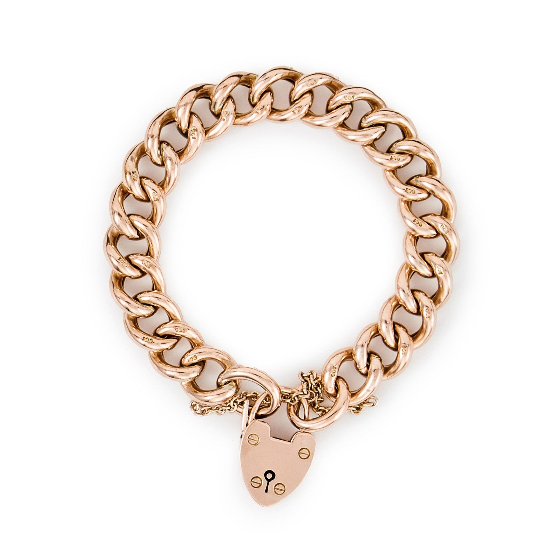 Chunky Victorian 9ct rose gold curb link bracelet with padlock and safety chain. Every link stamped.