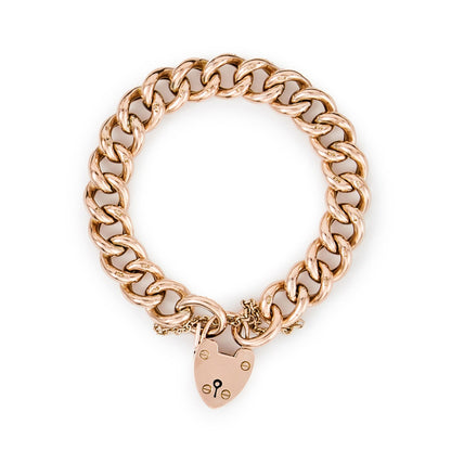 Chunky Victorian 9ct rose gold curb link bracelet with padlock and safety chain. Every link stamped.