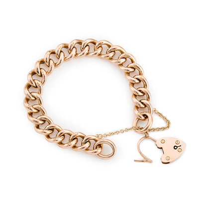 Chunky Victorian 9ct rose gold curb link bracelet with padlock and safety chain. Every link stamped.