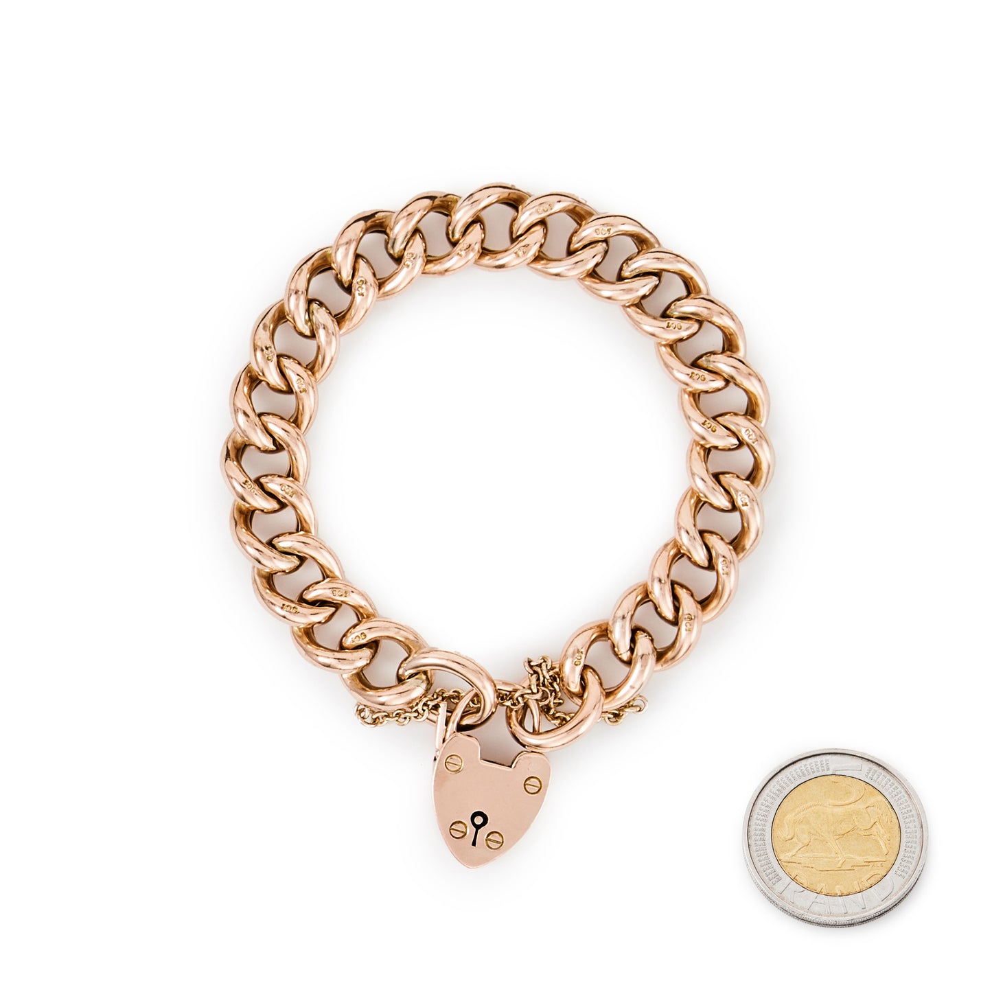 Chunky Victorian 9ct rose gold curb link bracelet with padlock and safety chain. Every link stamped.