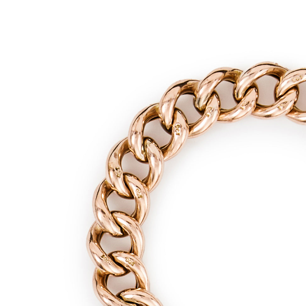 Chunky Victorian 9ct rose gold curb link bracelet with padlock and safety chain. Every link stamped.