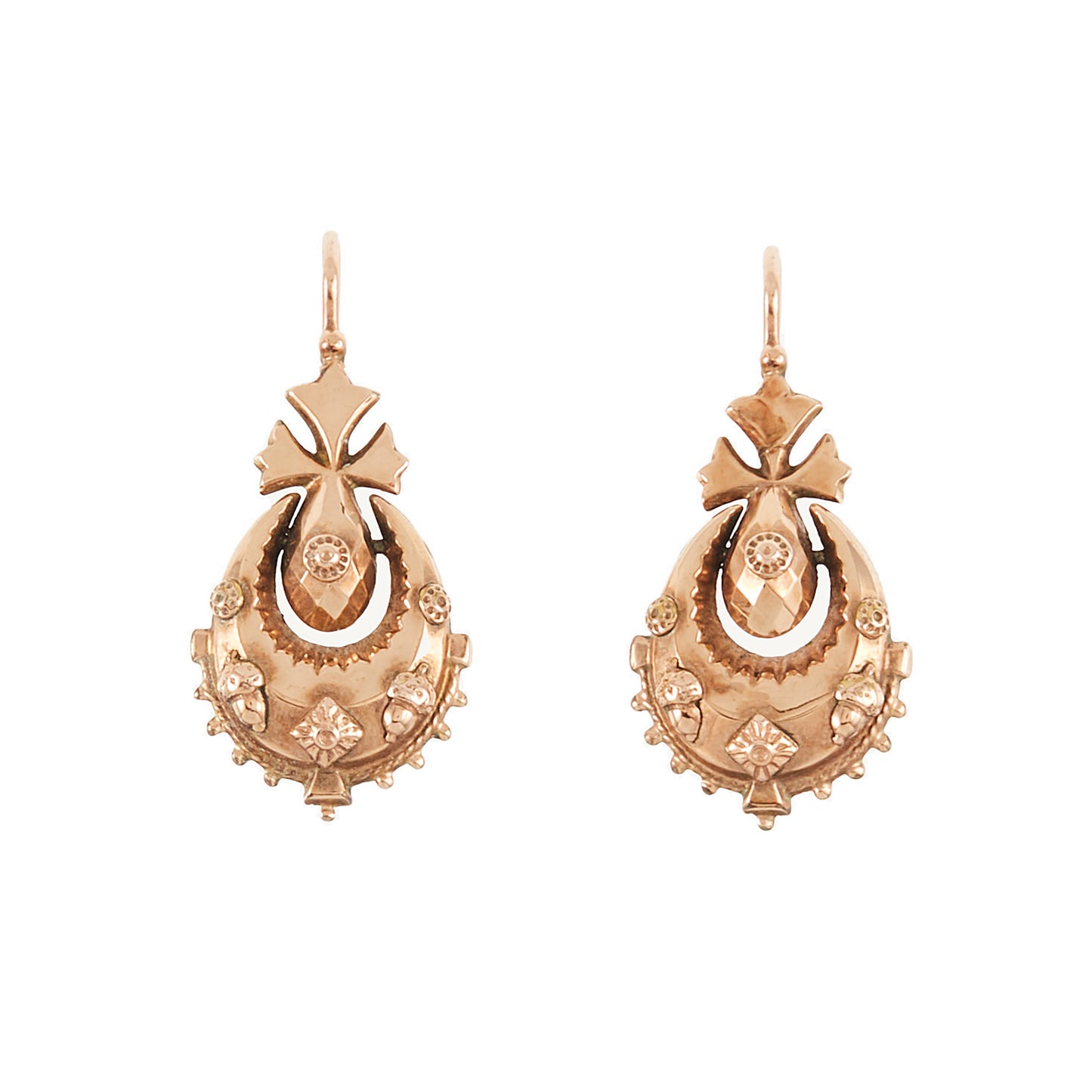 Exquisite 9ct rose gold Victorian dangling drop earrings with intricate repoussé details.