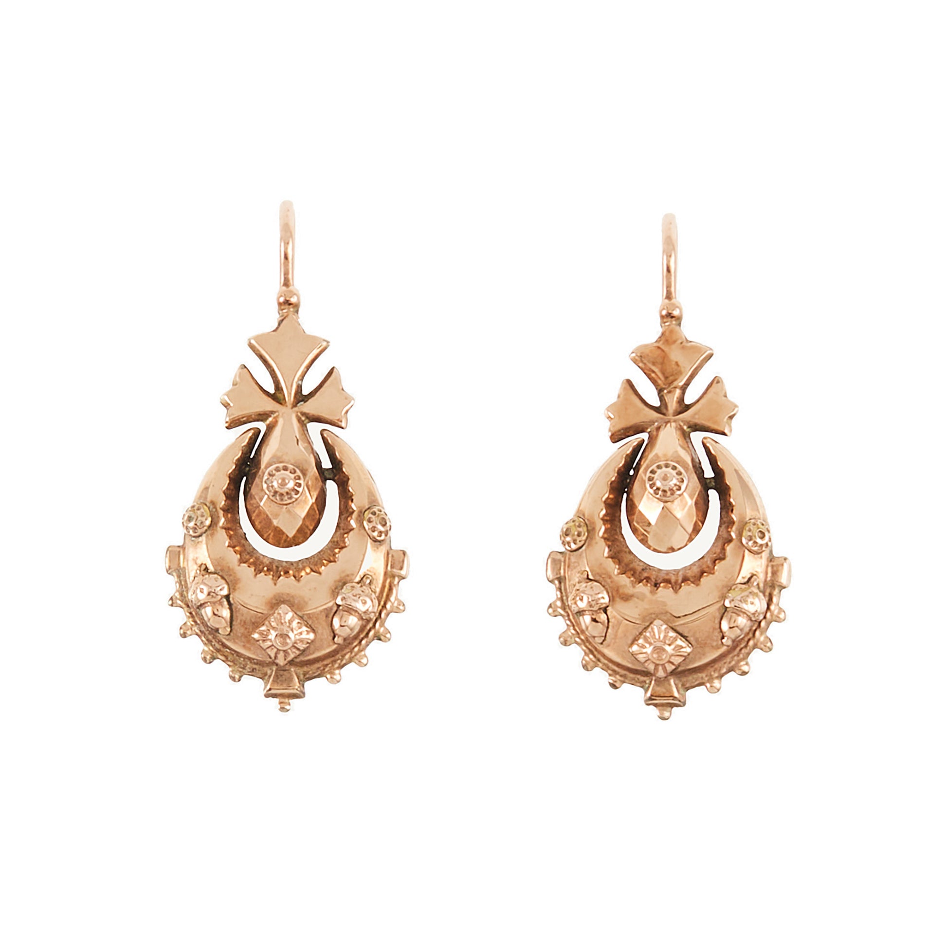 Exquisite 9ct rose gold Victorian dangling drop earrings with intricate repoussé details.
