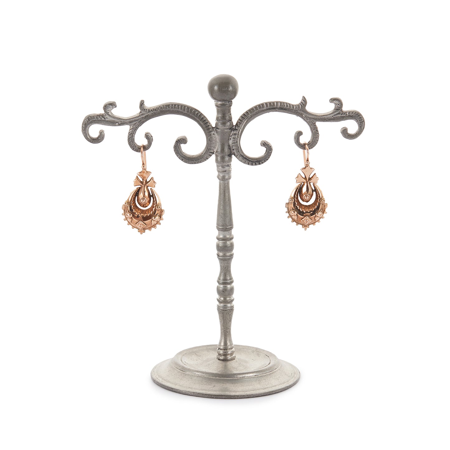 Exquisite 9ct rose gold Victorian dangling drop earrings with intricate repoussé details.