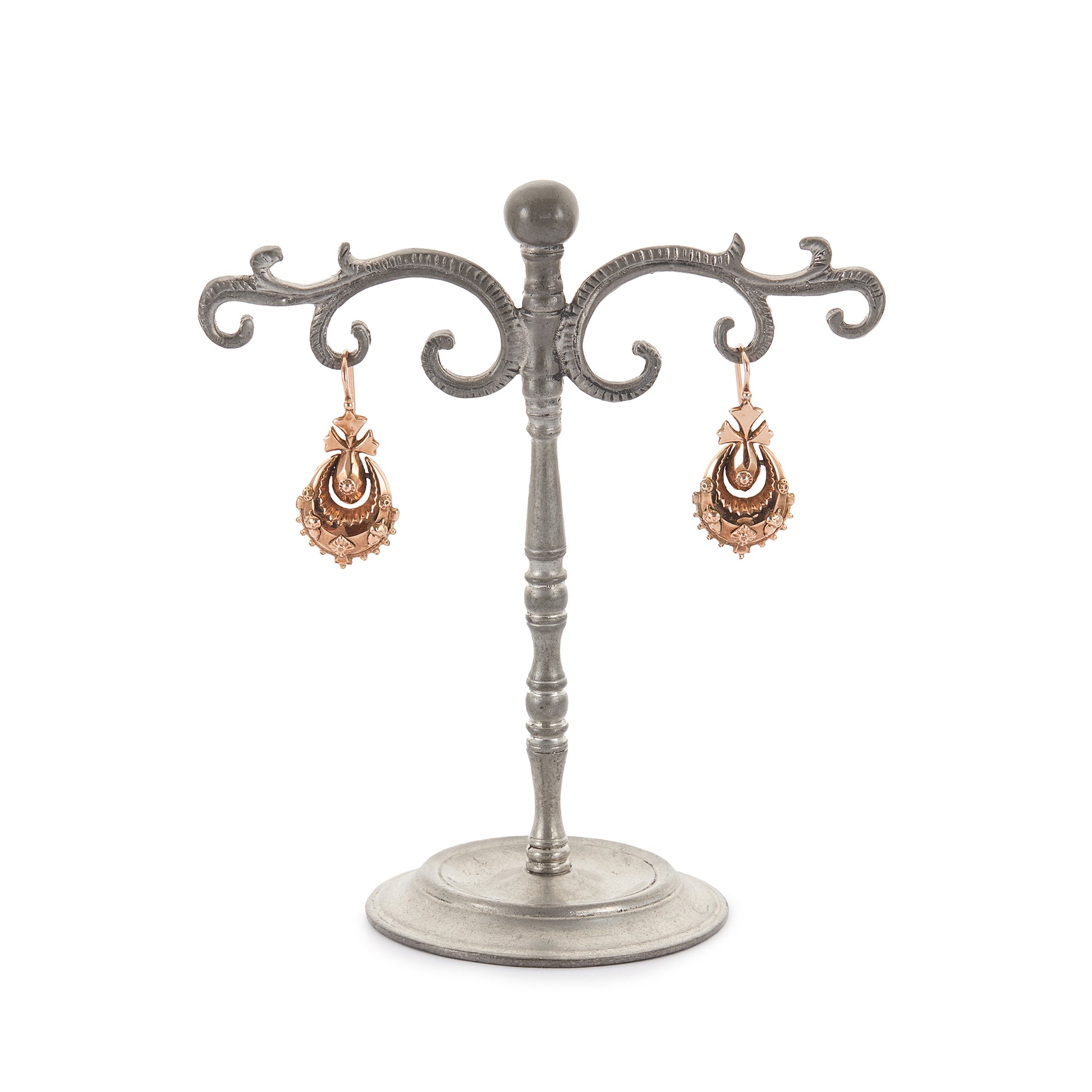 Exquisite 9ct rose gold Victorian dangling drop earrings with intricate repoussé details.