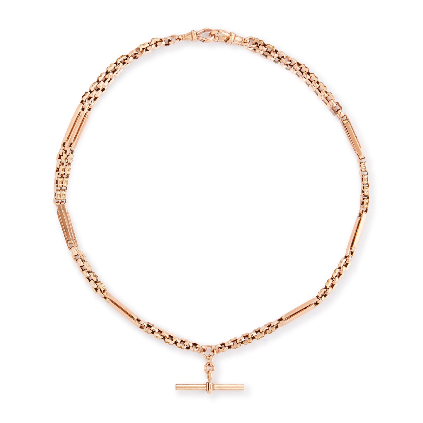 Sought-after Victorian 9ct rose gold fancy link fob chain with a T-bar and two dog-clips.