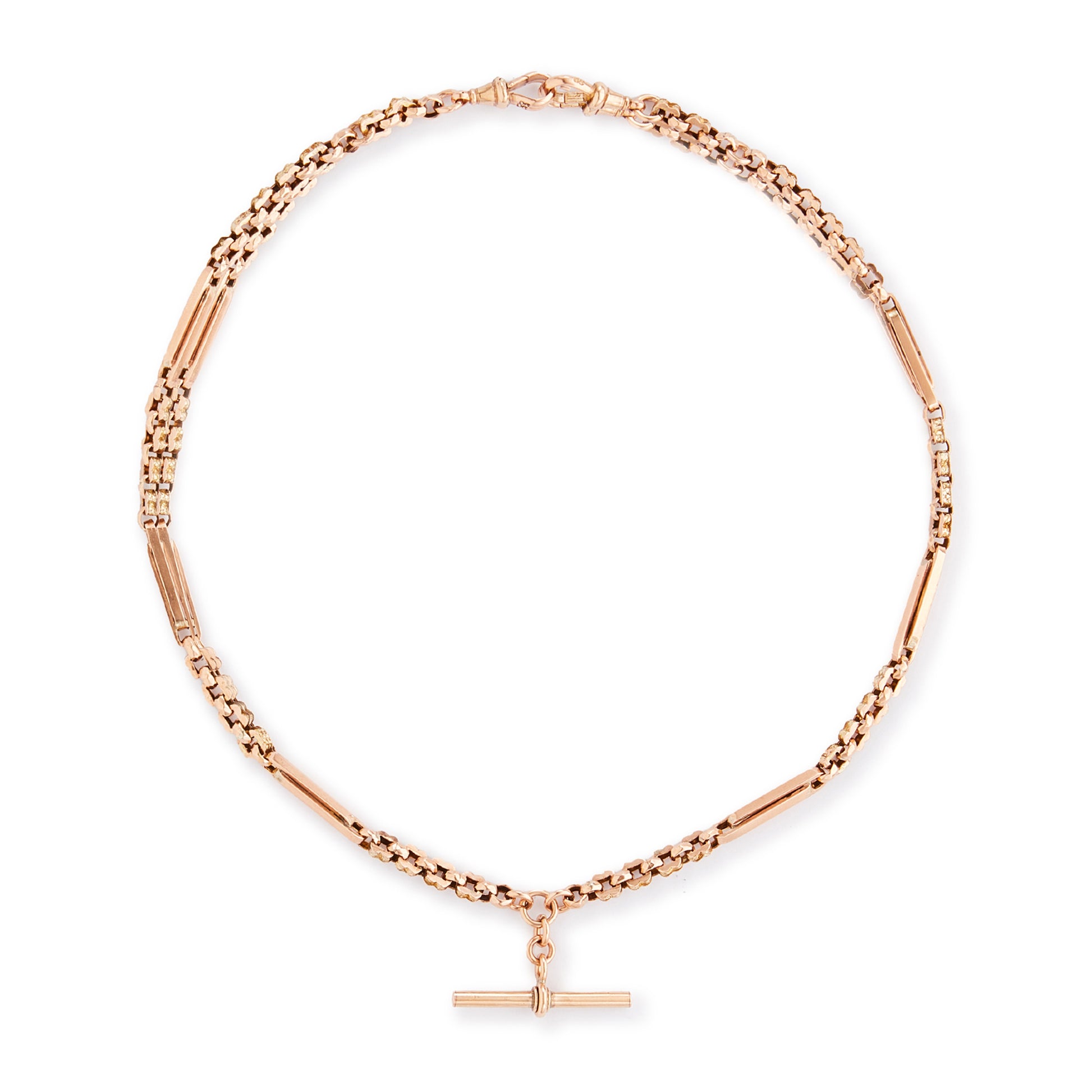Sought-after Victorian 9ct rose gold fancy link fob chain with a T-bar and two dog-clips.