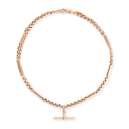 Sought-after Victorian 9ct rose gold fancy link fob chain with a T-bar and two dog-clips.