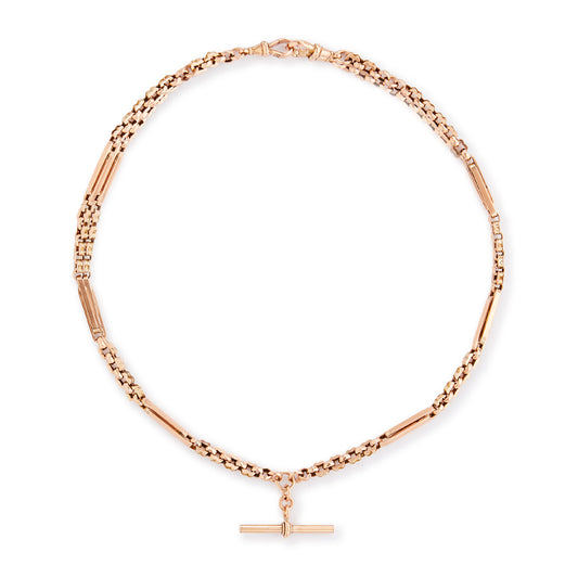 Sought-after Victorian 9ct rose gold fancy link fob chain with a T-bar and two dog-clips.