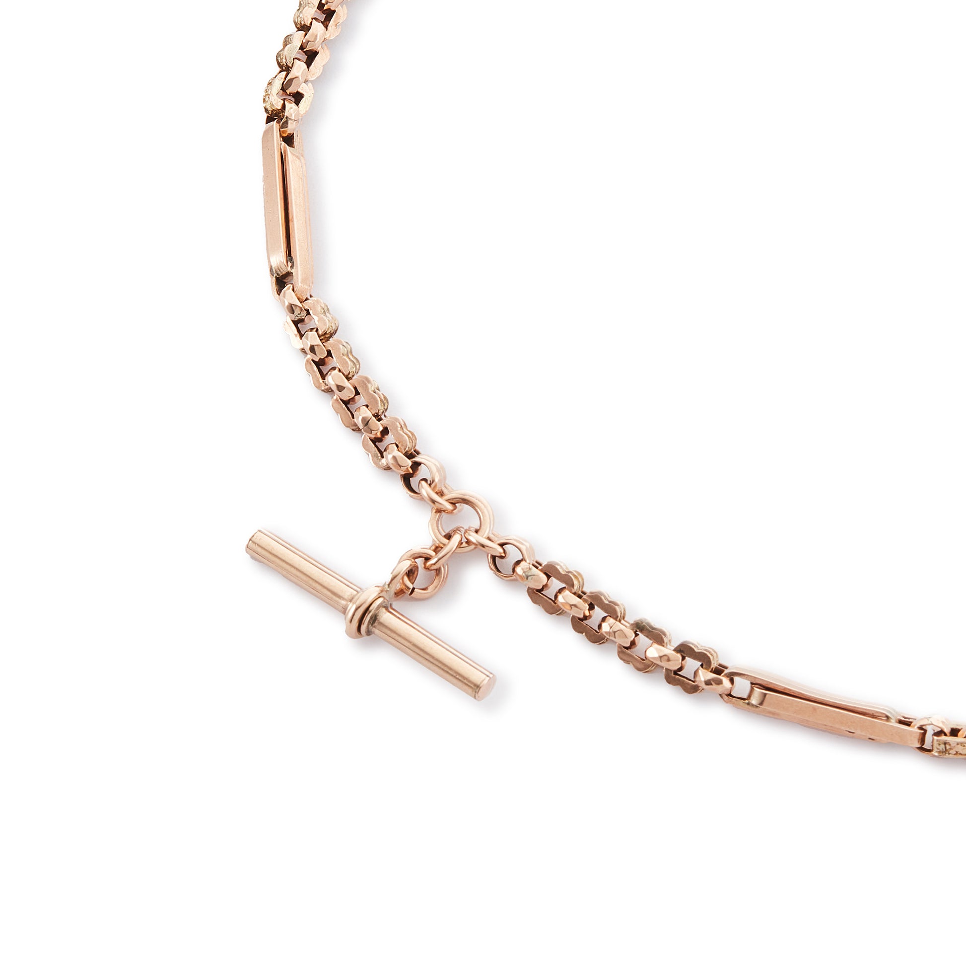 Sought-after Victorian 9ct rose gold fancy link fob chain with a T-bar and two dog-clips.