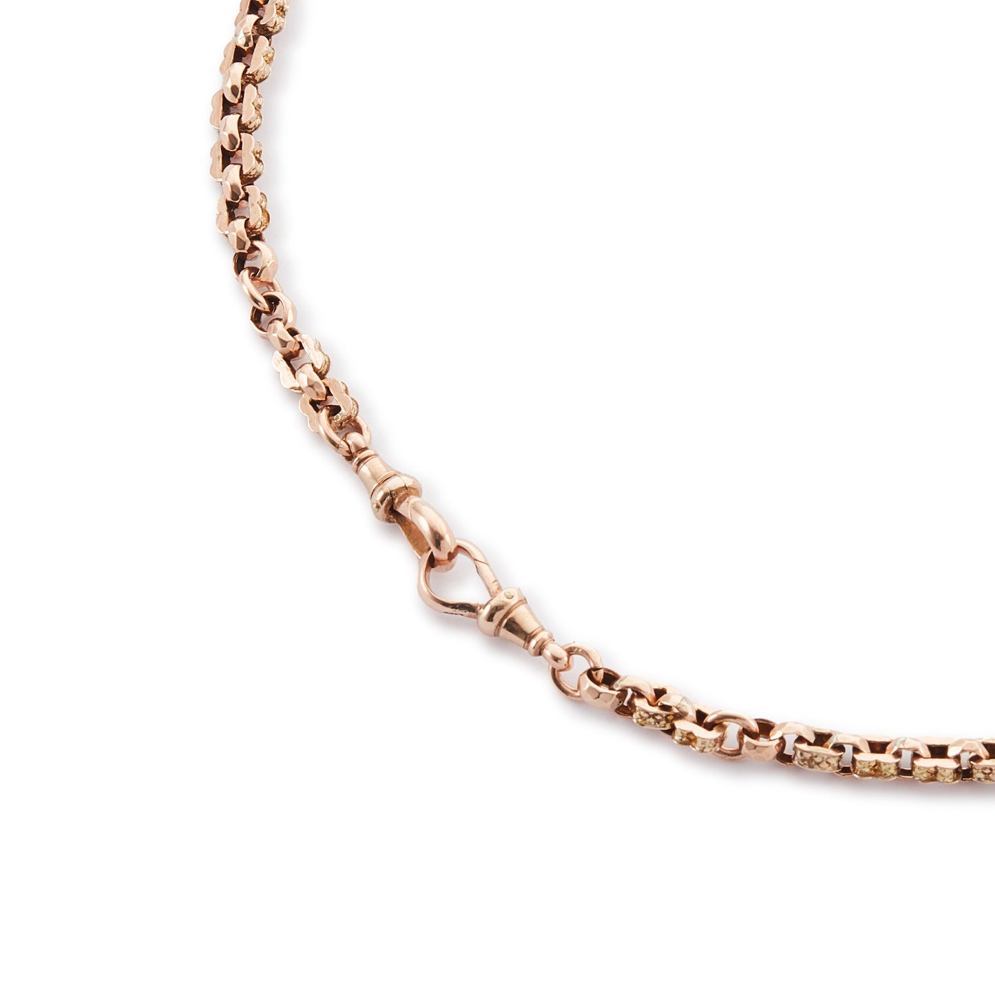 Sought-after Victorian 9ct rose gold fancy link fob chain with a T-bar and two dog-clips.