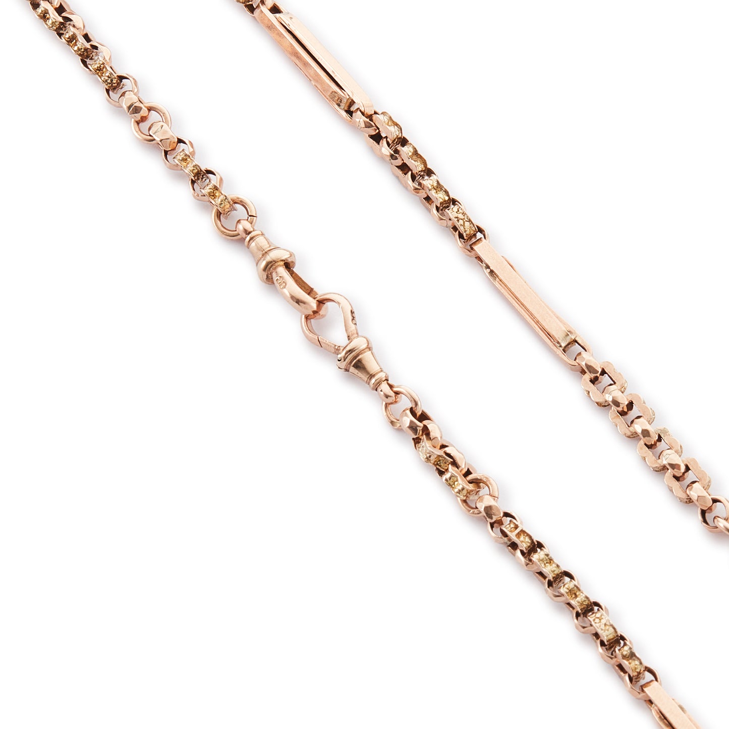 Sought-after Victorian 9ct rose gold fancy link fob chain with a T-bar and two dog-clips.