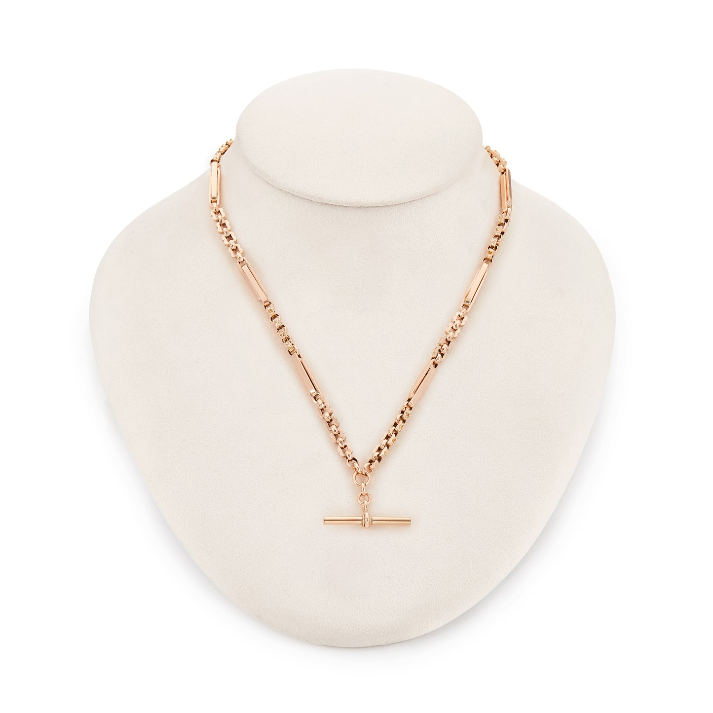 Sought-after Victorian 9ct rose gold fancy link fob chain with a T-bar and two dog-clips.