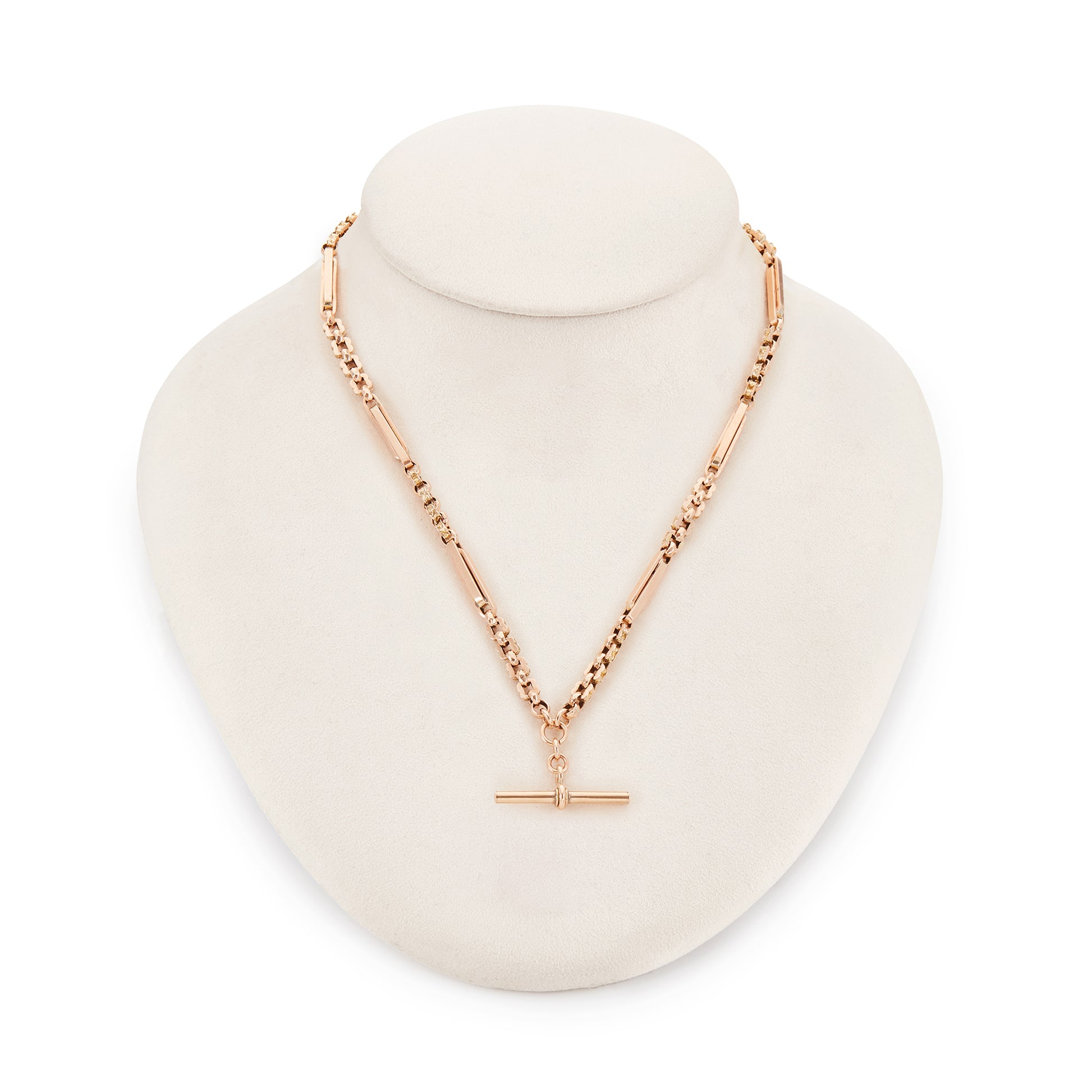 Sought-after Victorian 9ct rose gold fancy link fob chain with a T-bar and two dog-clips.