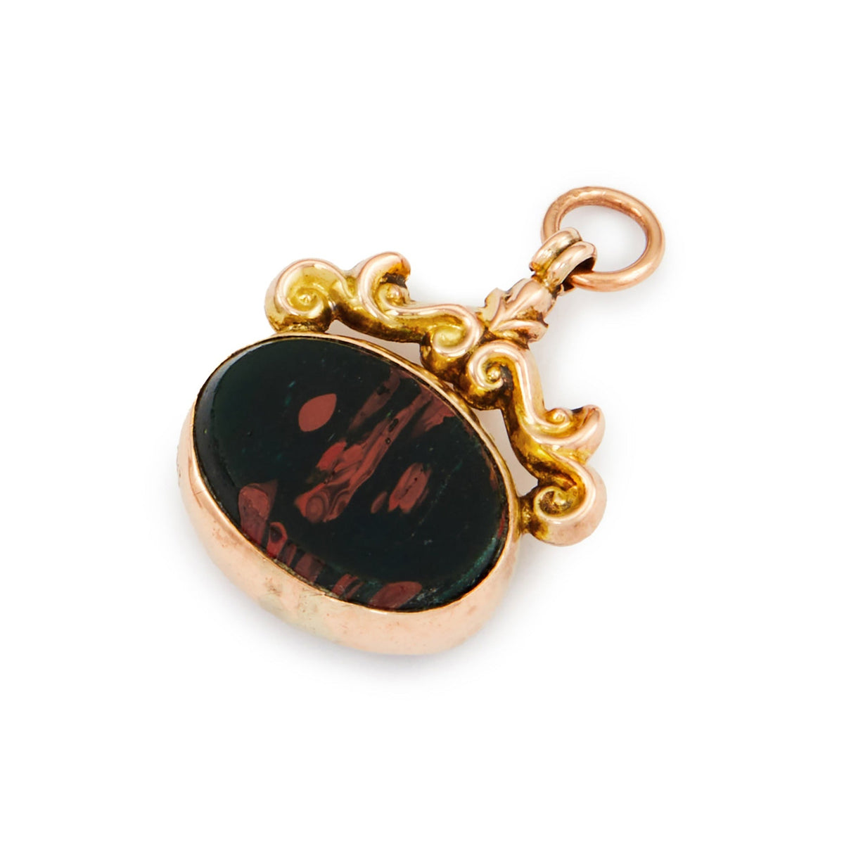 Quaint miniature Victorian 9ct rose gold fob with repoussé design, set with a bloodstone on one side and a carnelian on the other side.