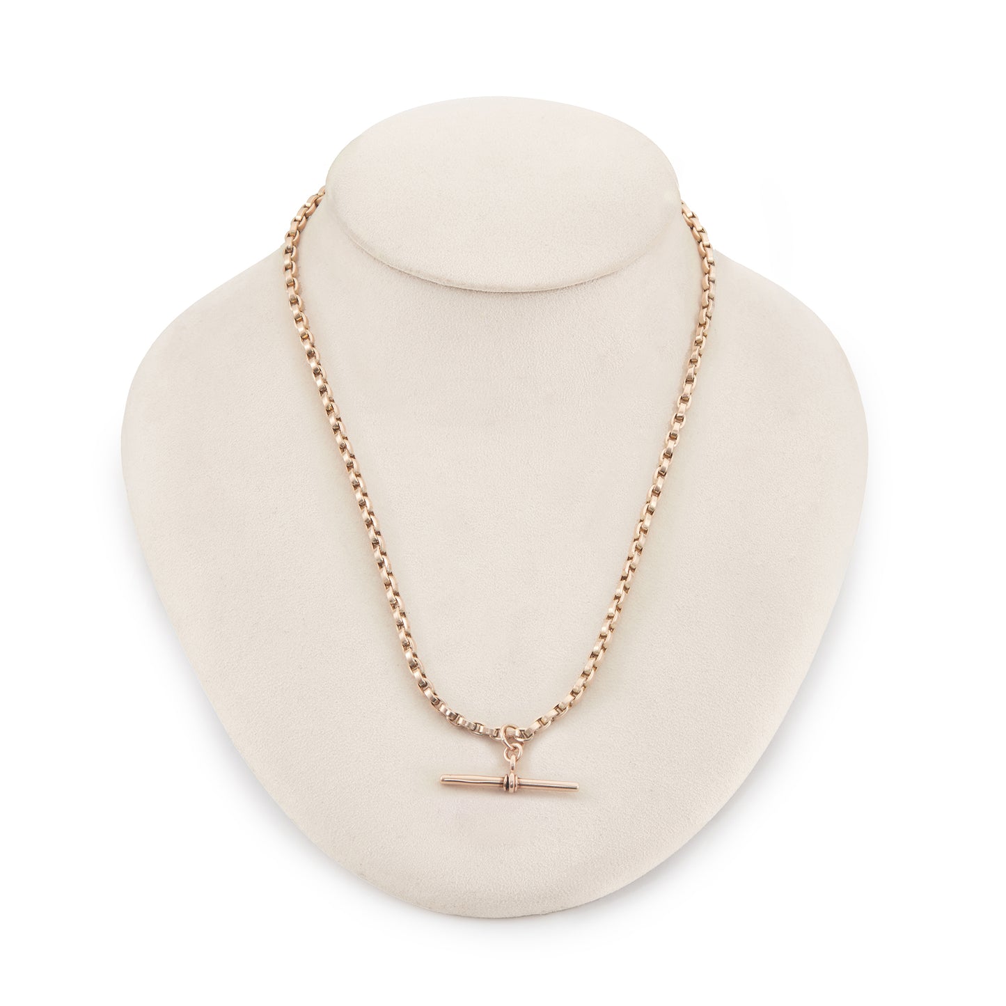 Classic Victorian 9ct rose gold box link fob chain with a dog clip and t bar.