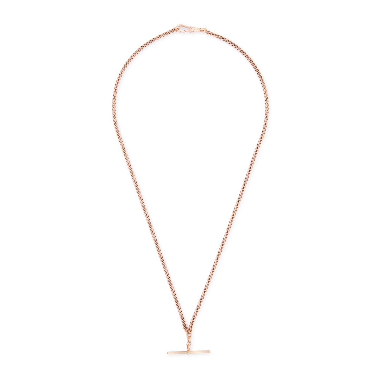 Classic Victorian 9ct rose gold curb link fob chain with a dog clip and t-bar. The chain consists of solid links and has a nice length to it.