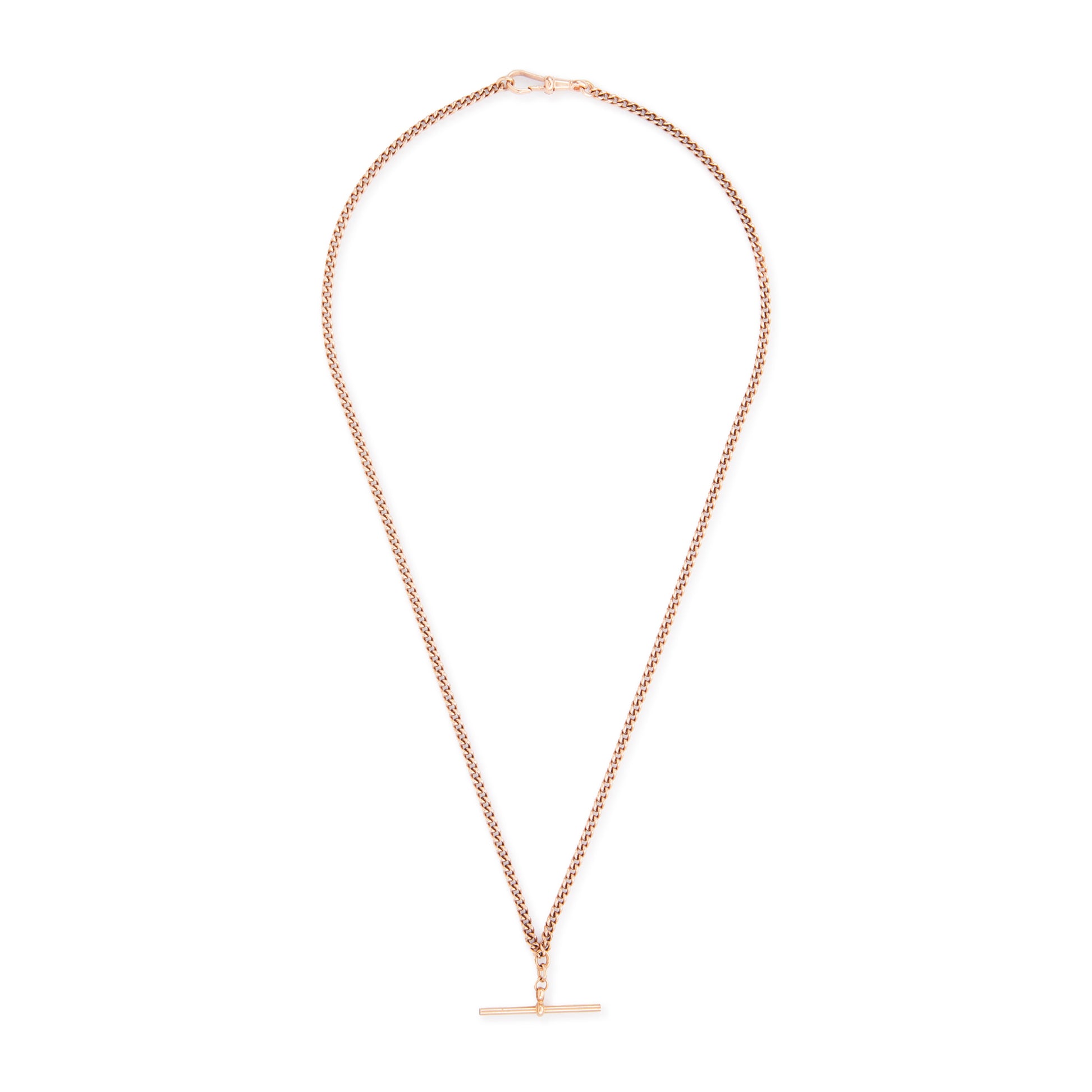 Classic Victorian 9ct rose gold curb link fob chain with a dog clip and t-bar. The chain consists of solid links and has a nice length to it.