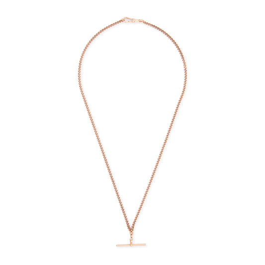 Classic Victorian 9ct rose gold curb link fob chain with a dog clip and t-bar. The chain consists of solid links and has a nice length to it.