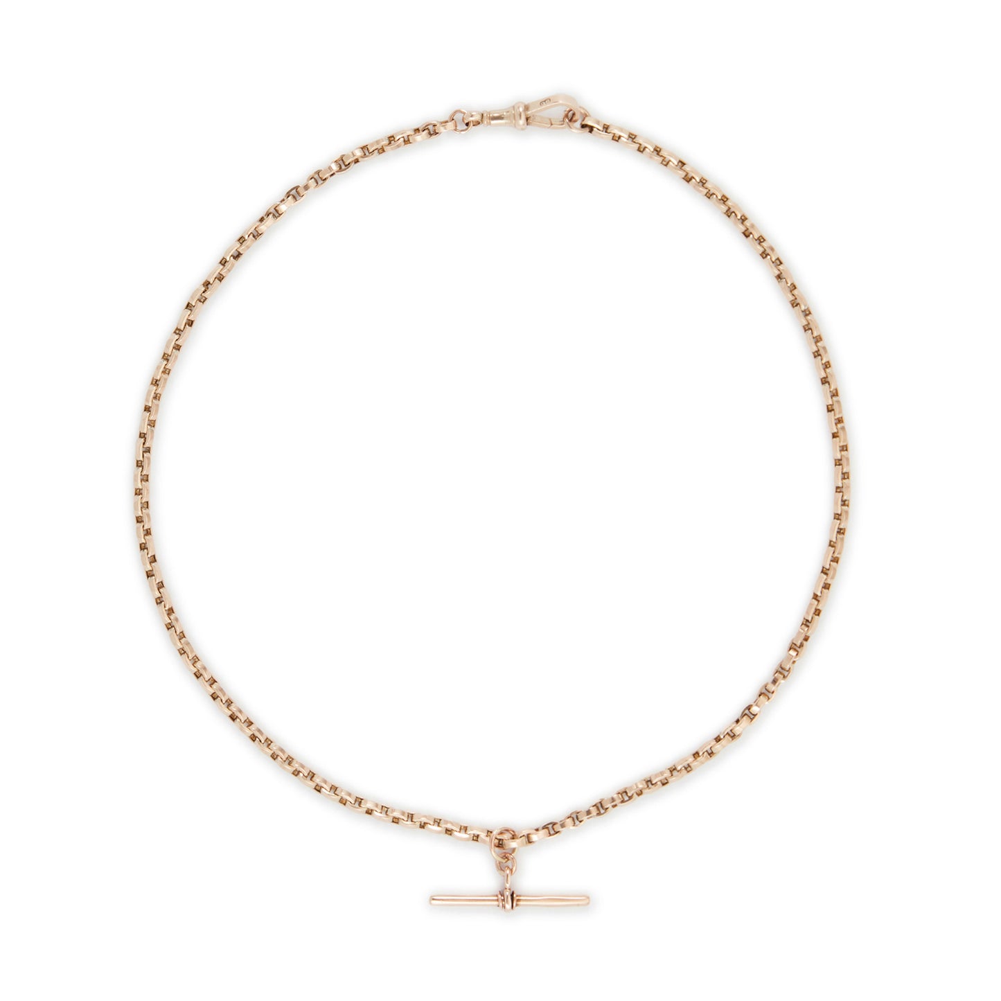 Classic Victorian 9ct rose gold box link fob chain with a dog clip and t bar.