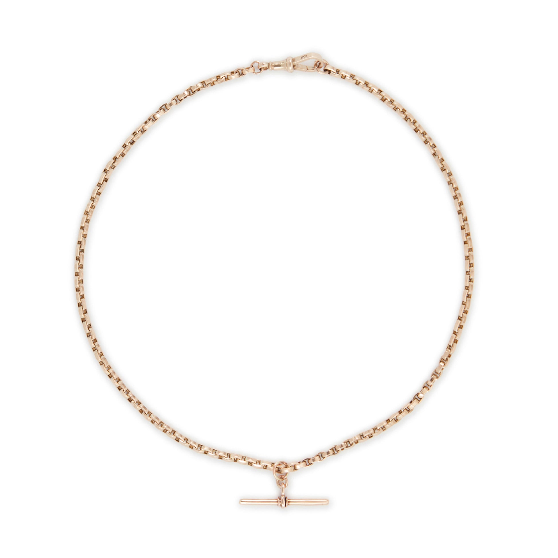 Classic Victorian 9ct rose gold box link fob chain with a dog clip and t bar.