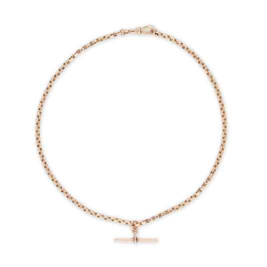 Classic Victorian 9ct rose gold box link fob chain with a dog clip and t bar.