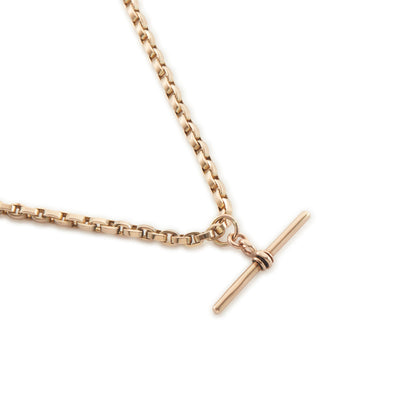 Classic Victorian 9ct rose gold box link fob chain with a dog clip and t bar.