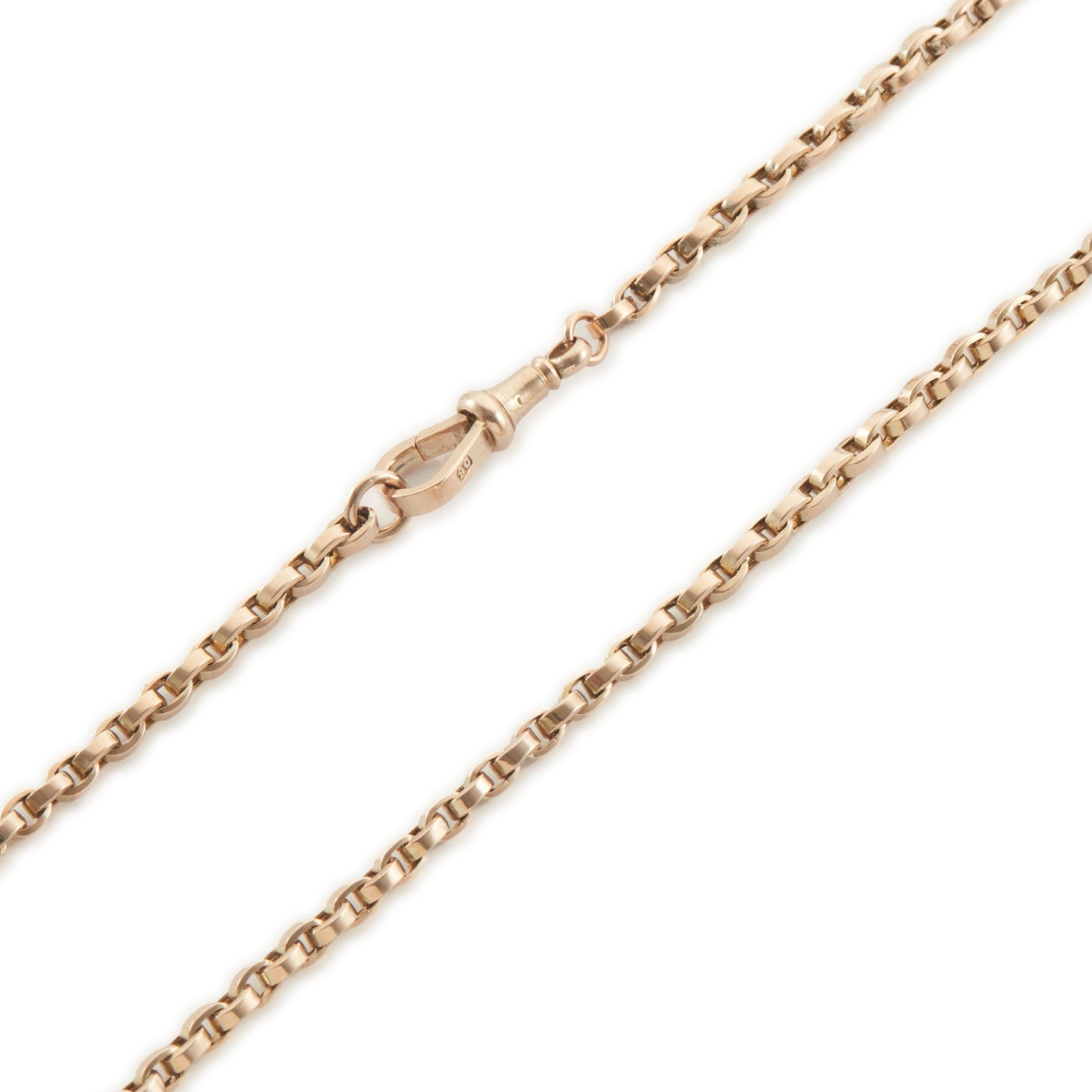 Classic Victorian 9ct rose gold box link fob chain with a dog clip and t bar.