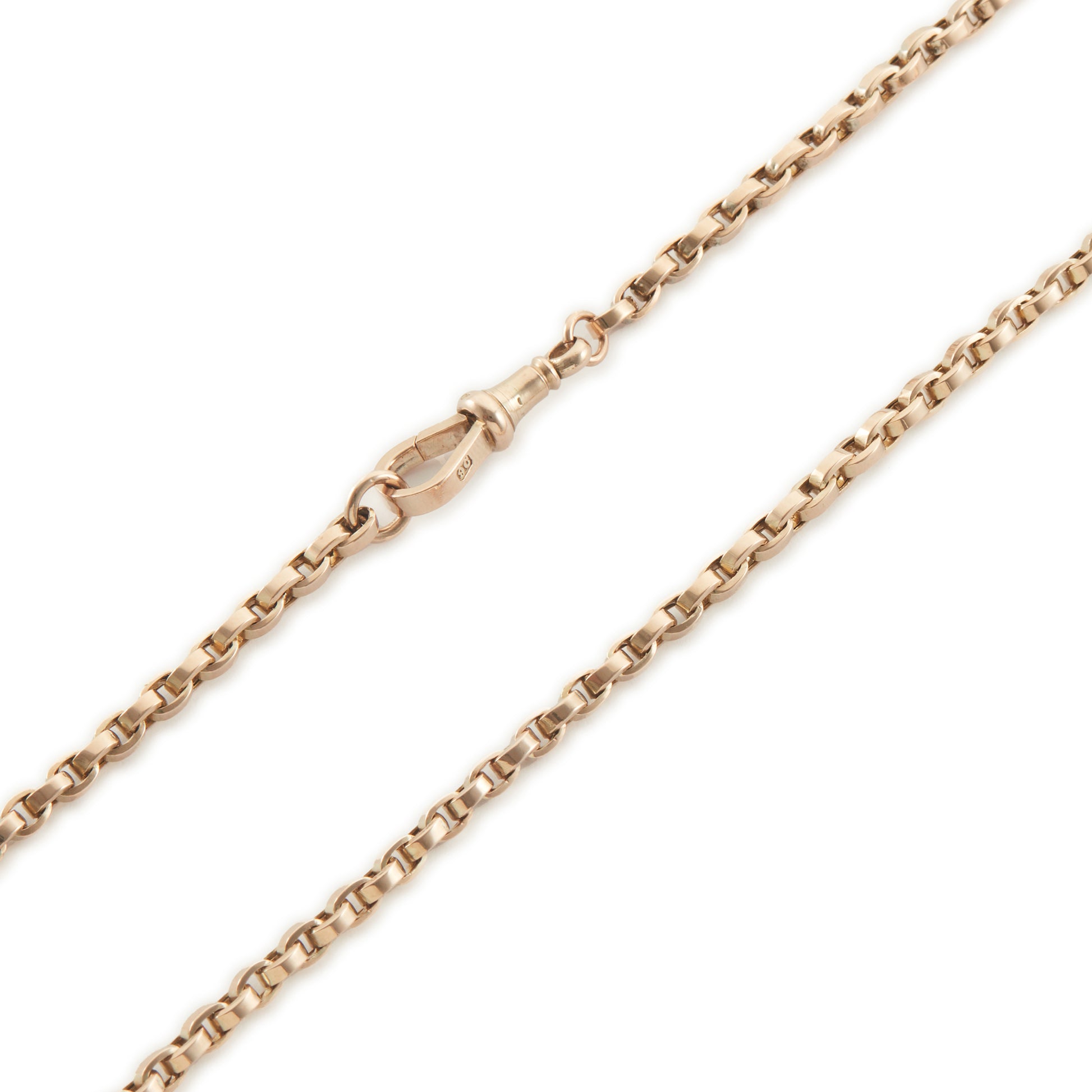 Classic Victorian 9ct rose gold box link fob chain with a dog clip and t bar.