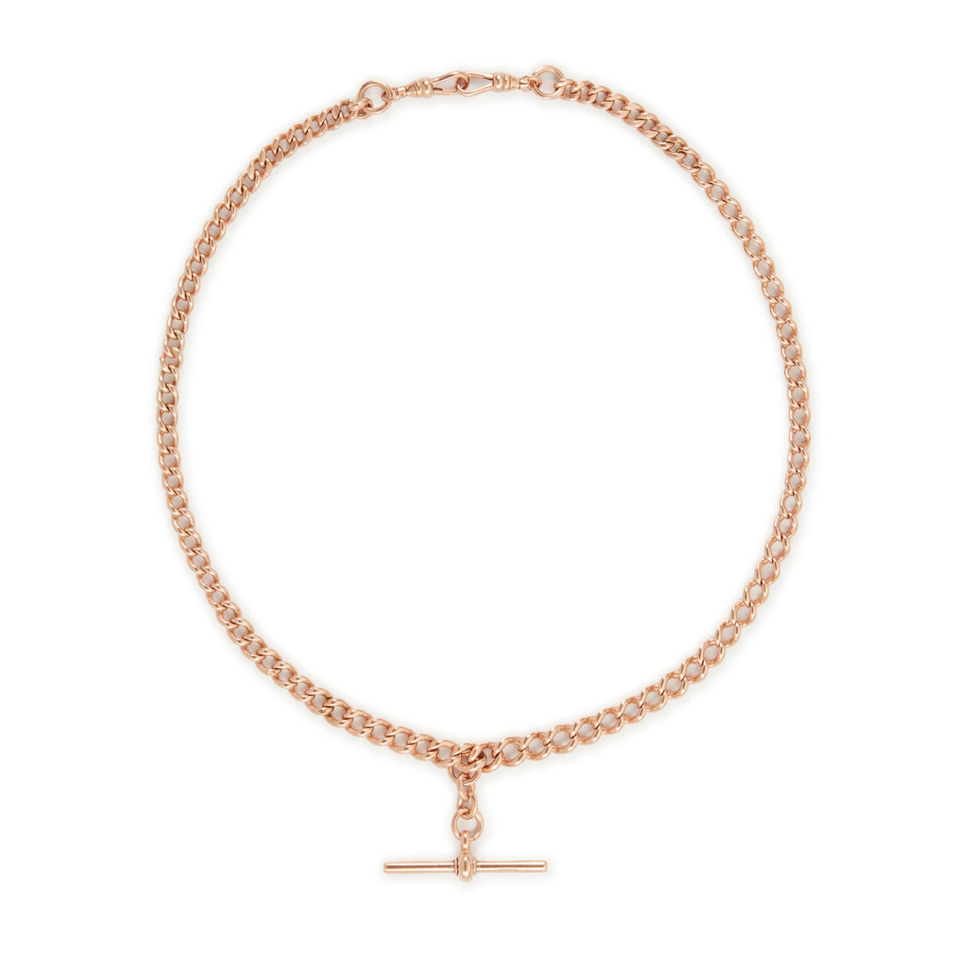 Classic Victorian 9ct rose gold graduated curb link fob chain with two dog clips and a T-bar.