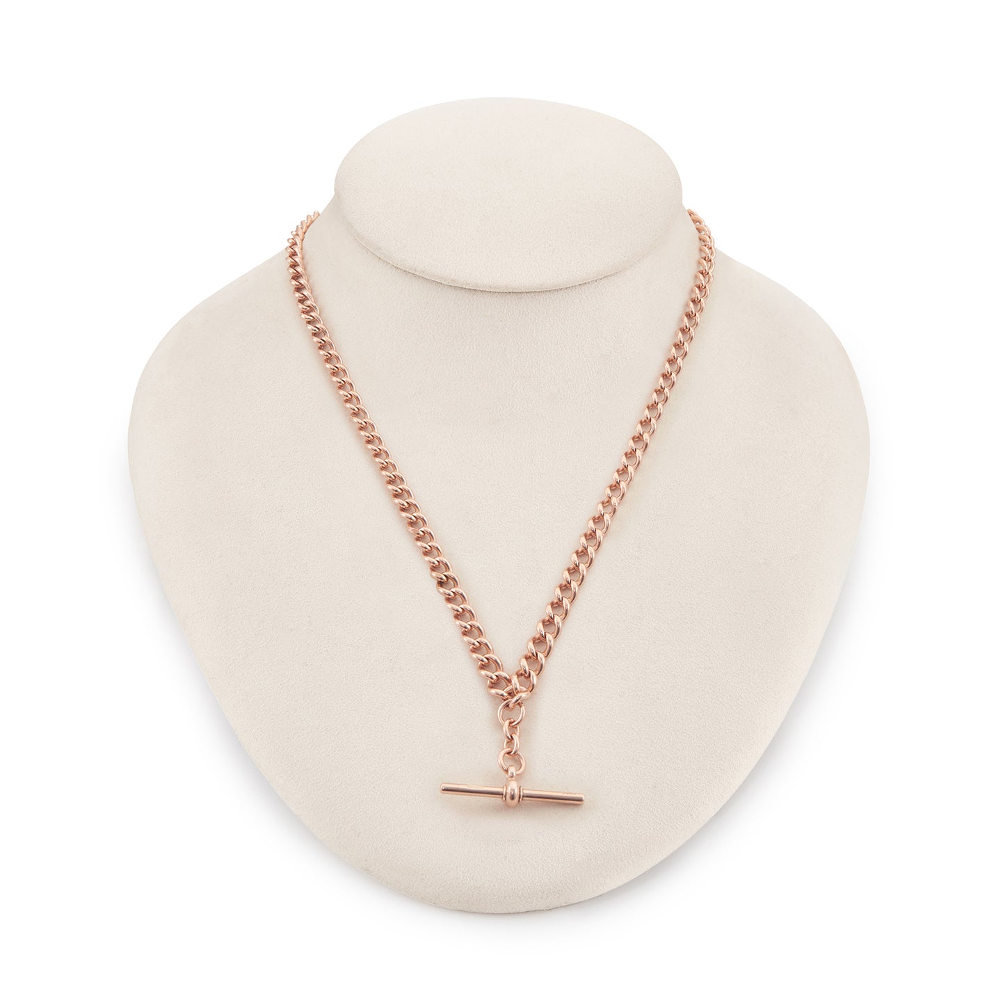 Classic Victorian 9ct rose gold graduated curb link fob chain with two dog clips and a T-bar.