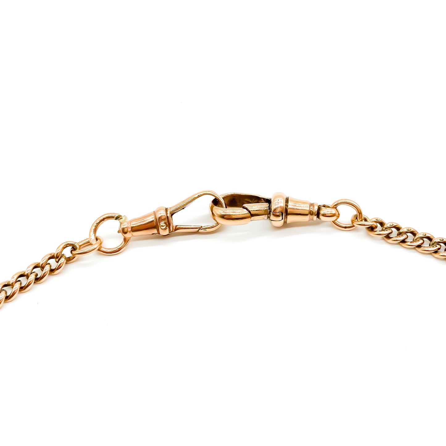 Classic Victorian 9ct rose gold curb link fob chain with two dog-clips and a t-bar. Every link is stamped.