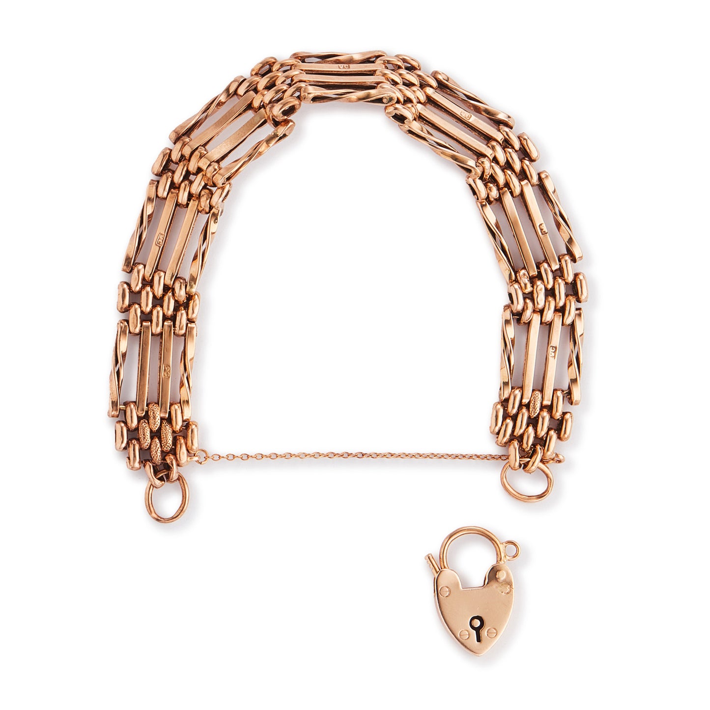 Stylish Victorian 9ct rose gold gateleg bracelet with some lightly textured links and a padlock. Safety chain attached.
