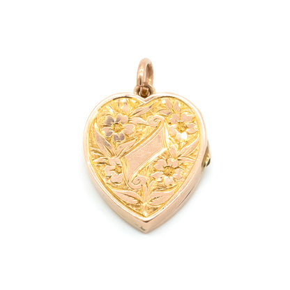 Beautifully engraved Victorian heart-shaped rose gold locket with lovely floral engraving on both sides.