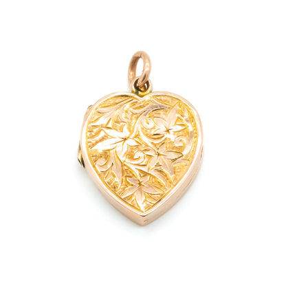 Beautifully engraved Victorian heart-shaped rose gold locket with lovely floral engraving on both sides.