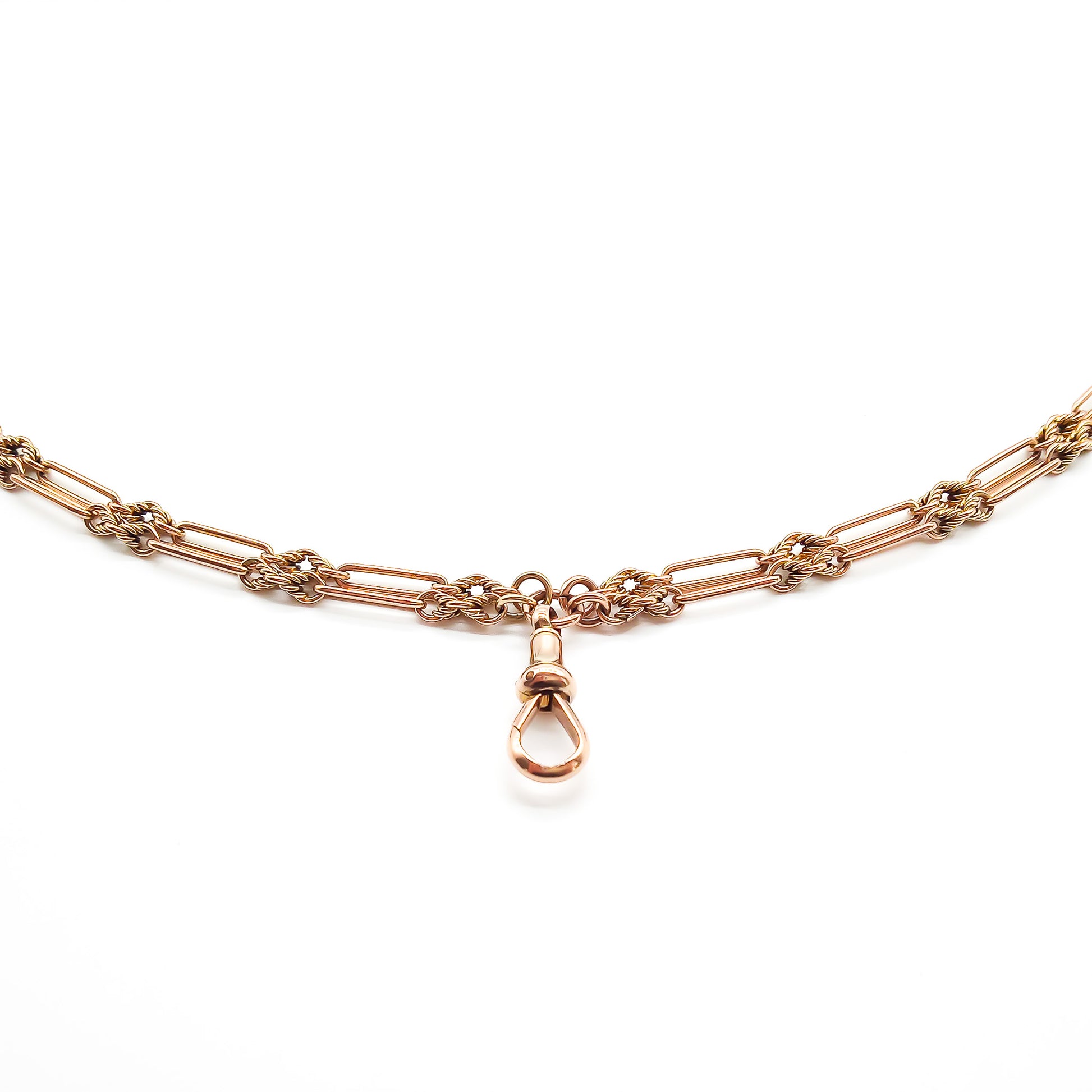 Lovely Victorian 9ct rose gold ornate paperclip link long guard double chain with a dog-clip.