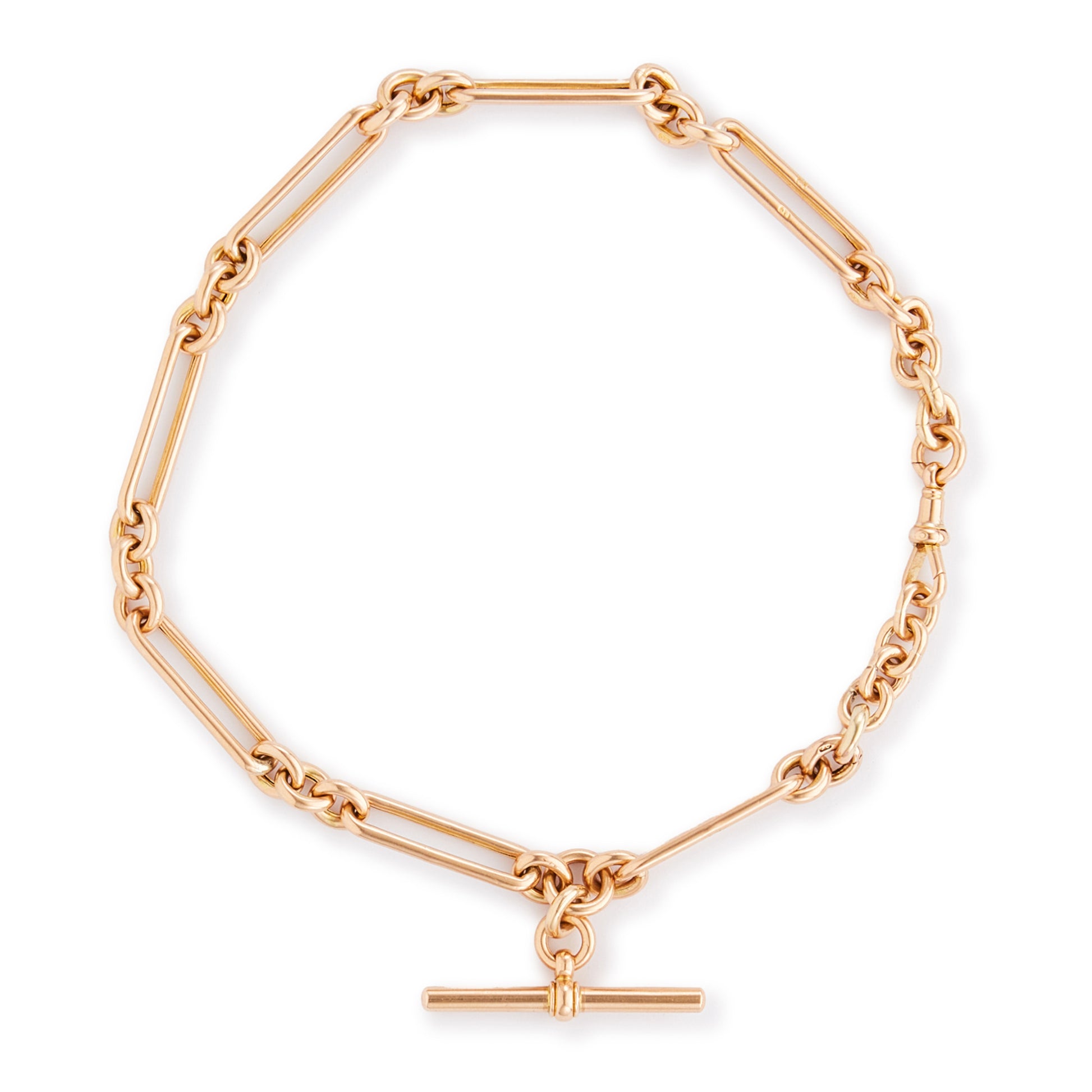 Sought-after Victorian 9ct rose gold chunky paperclip link fob chain with a T-bar and two dog-clips.