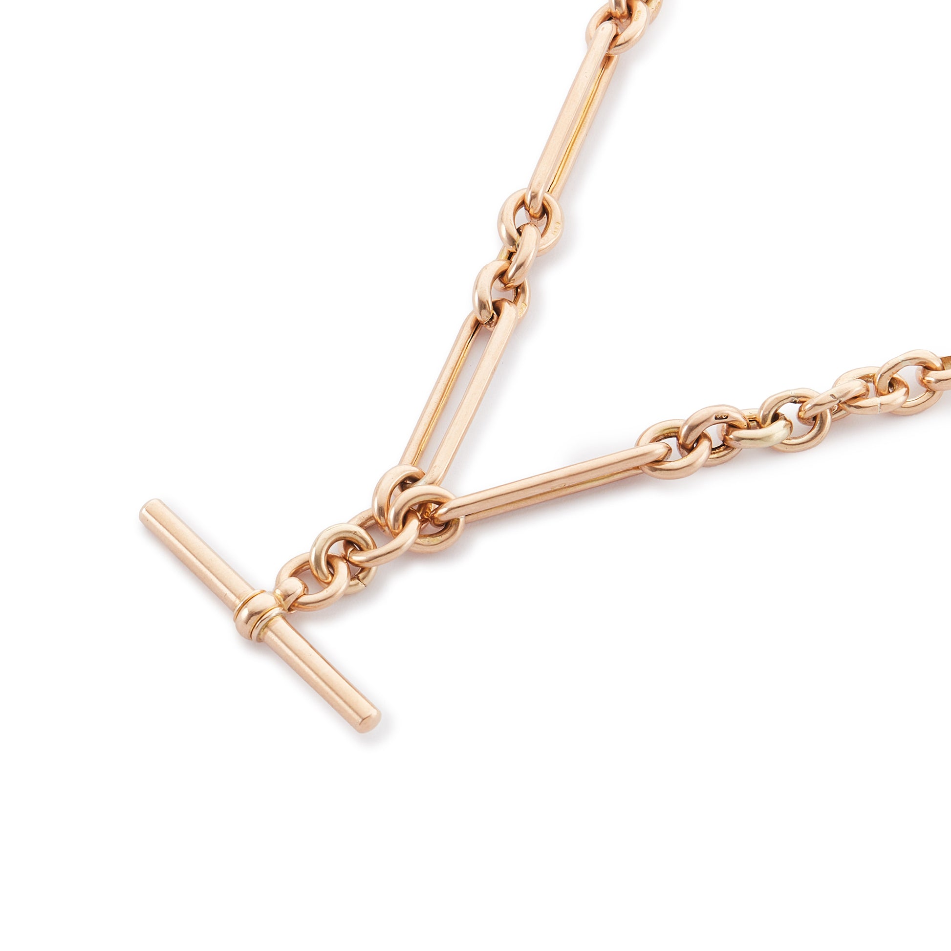 Sought-after Victorian 9ct rose gold chunky paperclip link fob chain with a T-bar and two dog-clips.