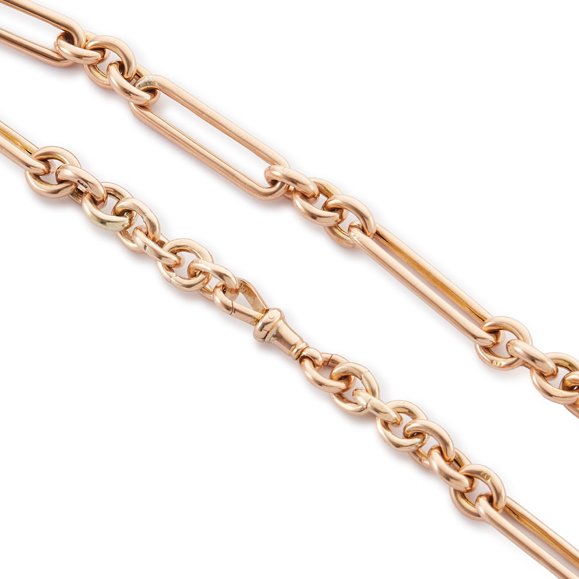 Sought-after Victorian 9ct rose gold chunky paperclip link fob chain with a T-bar and two dog-clips.